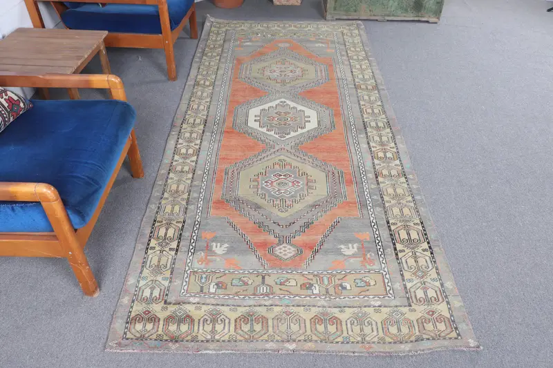 3.8x8.9 ft Oushak Vintage Halı, Turuncu Çiçekli Türk Halısı Yün - 1
