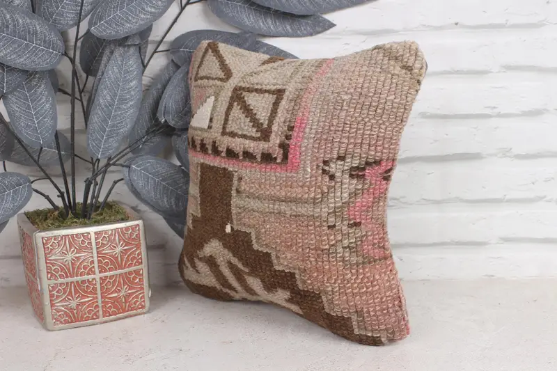 Cushion Case, Crochet Pattern Cushion, 12x12 Brown Cushion Case, Antique Pillows, Tapestry Pillow Cover, Kilim Pillow, Interior Designer Pillow - 3