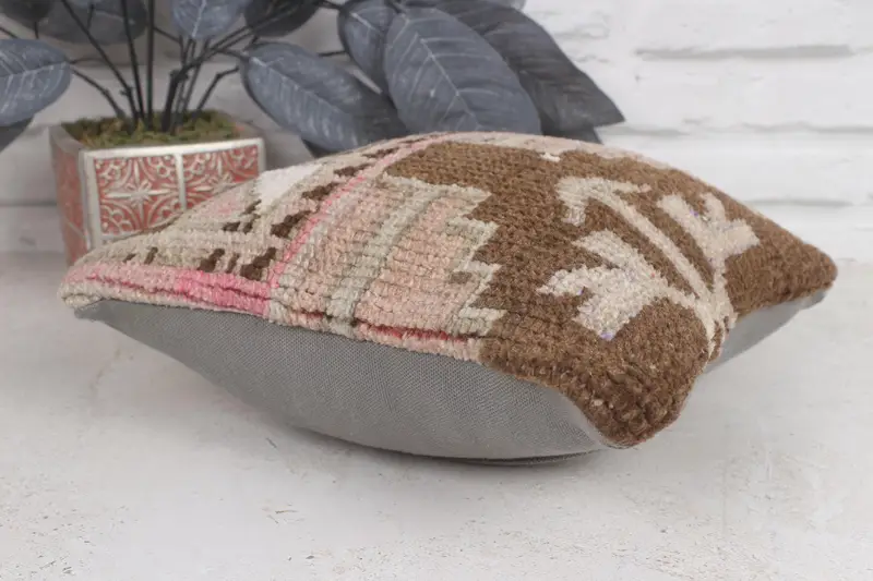 Cushion Case, Crochet Pattern Cushion, 12x12 Brown Cushion Case, Antique Pillows, Tapestry Pillow Cover, Kilim Pillow, Interior Designer Pillow - 6