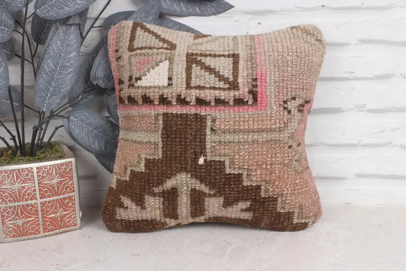 Cushion Case, Crochet Pattern Cushion, 12x12 Brown Cushion Case, Antique Pillows, Tapestry Pillow Cover, Kilim Pillow, Interior Designer Pillow - 1