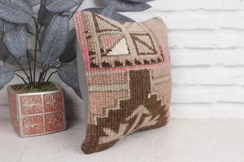 Cushion Case, Crochet Pattern Cushion, 12x12 Brown Cushion Case, Antique Pillows, Tapestry Pillow Cover, Kilim Pillow, Interior Designer Pillow - 4