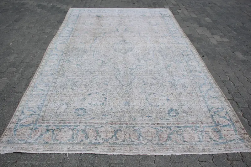 Turkish Vintage Rug, 6.6x10.5 ft Large Rug, Blue White Camouflage Wool Rug - 1