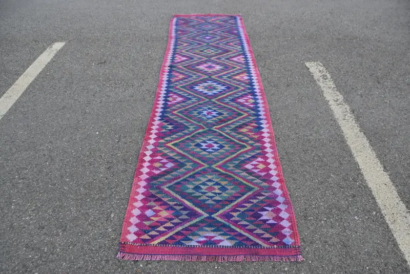 Oushak Rug, 2.8x11.1 ft Vintage Rug, Pink Oriental Rug Wool - 1