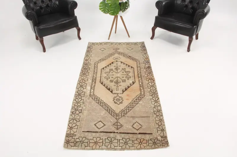 Vintage Rug, 3.2x6.8 ft Turkish Rug, Brown White Patchwork Wool Rug - 1