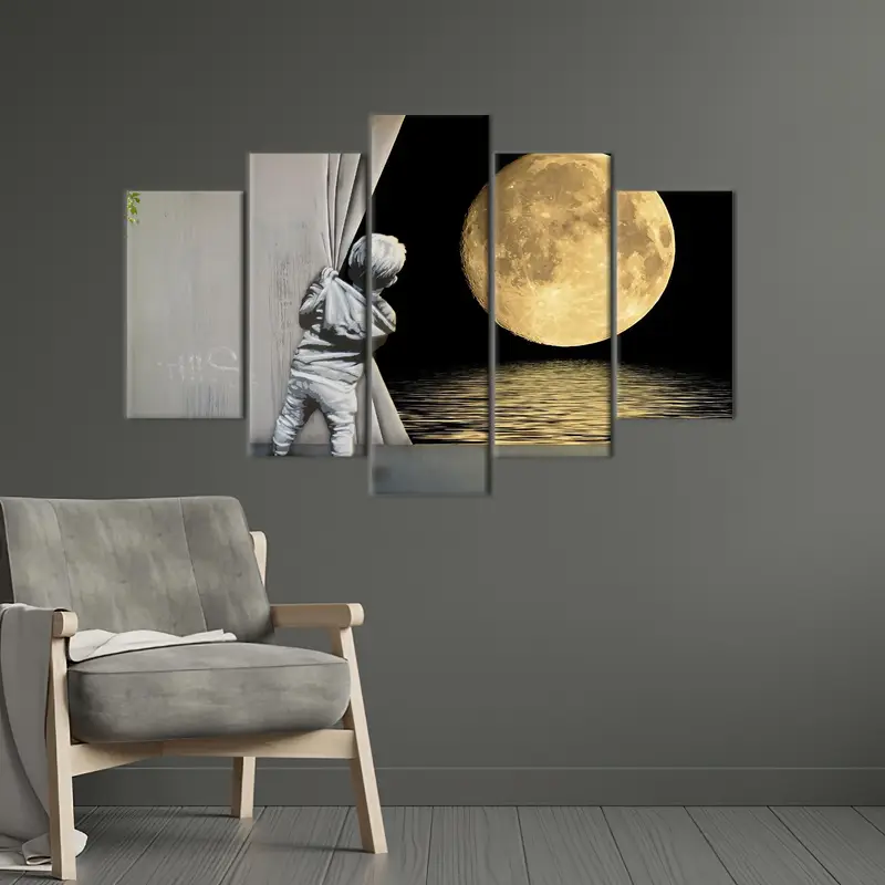 Banksy Canvas Art, Graffiti Artwork, Banksy Lover Gift, Banksy Full Moon, Banksy Boy Art, Behind The Curtain, Full Moon, Modern Wall Decor - 5