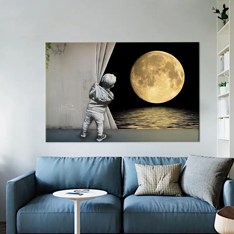 Banksy Canvas Art, Graffiti Artwork, Banksy Lover Gift, Banksy Full Moon, Banksy Boy Art, Behind The Curtain, Full Moon, Modern Wall Decor - 1