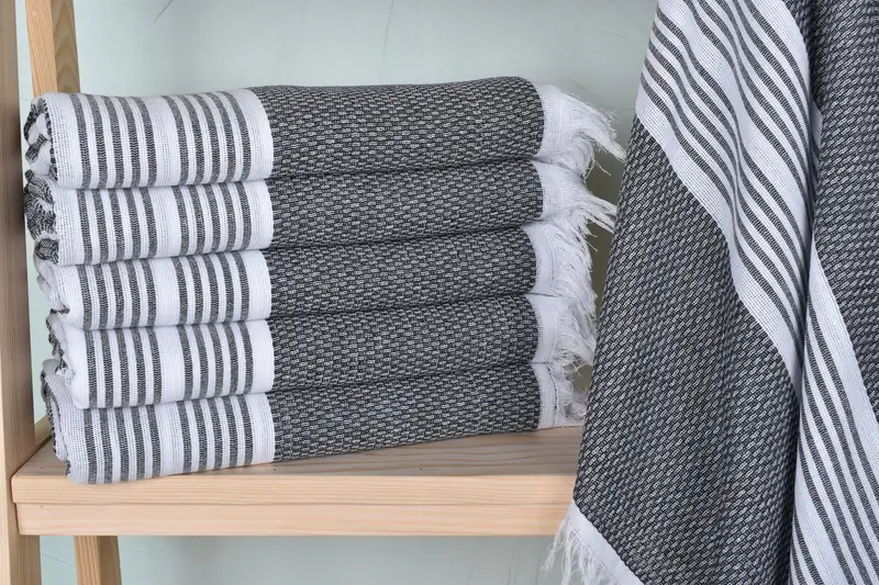 Beach Towel Organic Cotton/Linen Black Striped, 40x71 Inches