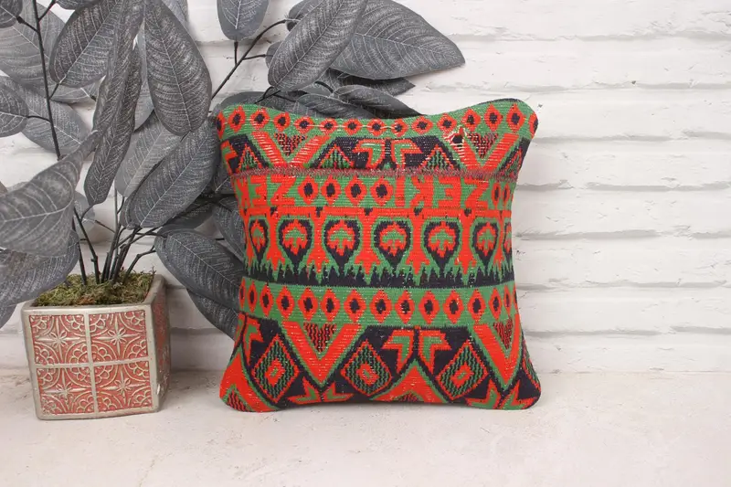 Pillow Sham, Interior Designer Pillow, Vintage Pillow, Vintage Kilim Pillow, 12x12 Green Pillow Sham, Ikat Pillow, Retro Throw Pillow Cover - 1