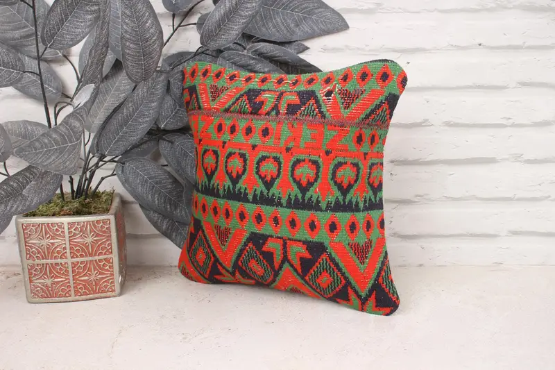 Pillow Sham, Interior Designer Pillow, Vintage Pillow, Vintage Kilim Pillow, 12x12 Green Pillow Sham, Ikat Pillow, Retro Throw Pillow Cover - 4