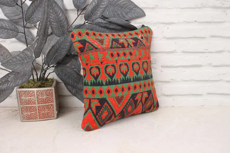 Pillow Sham, Interior Designer Pillow, Vintage Pillow, Vintage Kilim Pillow, 12x12 Green Pillow Sham, Ikat Pillow, Retro Throw Pillow Cover - 3