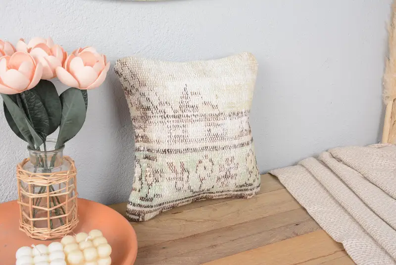 Almohada Kilim verde y marrón del suroeste hecha a mano, almohada de lanzamiento de 12x12