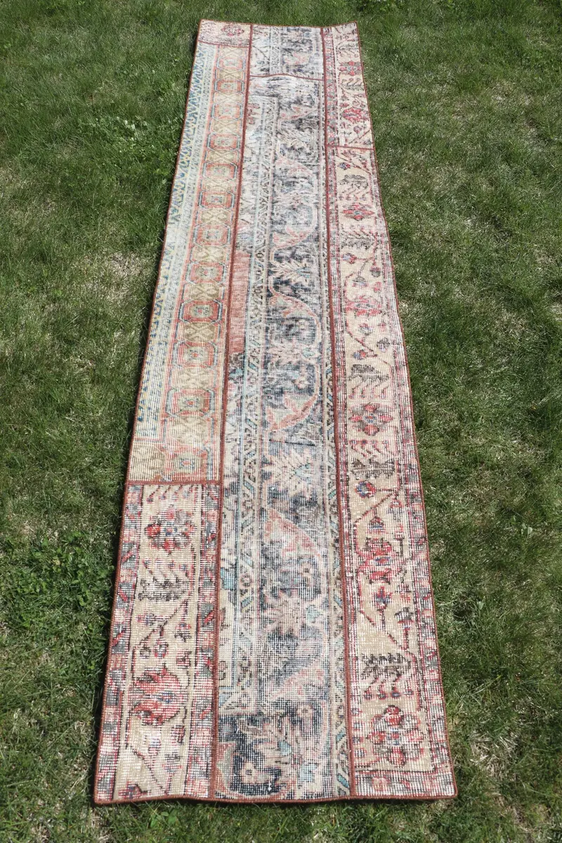 鮮やかなオレンジのラグ、2.1x8.8フィートのブルーボーダーデザイン