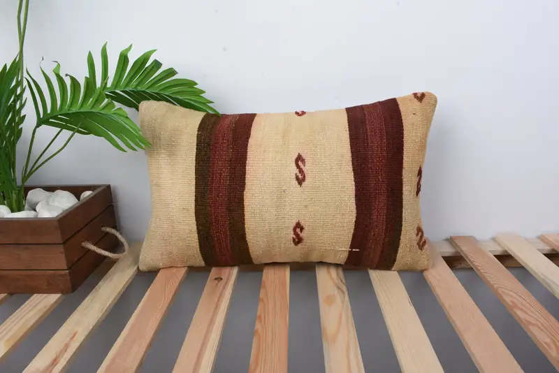 Boho Throw Cushion Case, Pillow Sham, Vintage Kilim Throw Pillow, Handmade Kilim Cushion, 12x20 Beige Pillow Cover, Boho Pillow Sham Cover - 1
