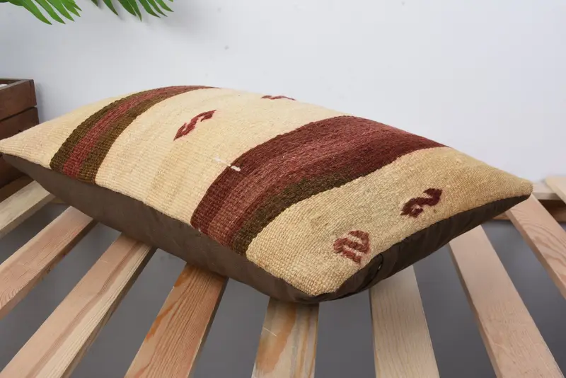 Boho Throw Cushion Case, Pillow Sham, Vintage Kilim Throw Pillow, Handmade Kilim Cushion, 12x20 Beige Pillow Cover, Boho Pillow Sham Cover - 6