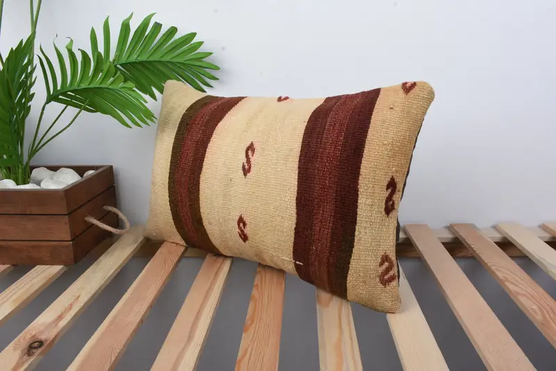 Boho Throw Cushion Case, Pillow Sham, Vintage Kilim Throw Pillow, Handmade Kilim Cushion, 12x20 Beige Pillow Cover, Boho Pillow Sham Cover - 5