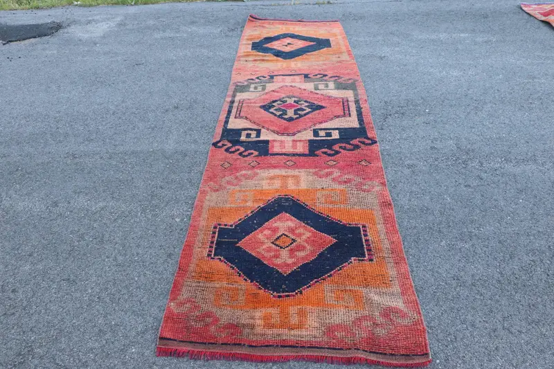 Vintage-Läuferteppich, 3,1 x 11,3 Fuß (93 x 345 cm), Herki-roter Ombré-türkischer Teppich - 1