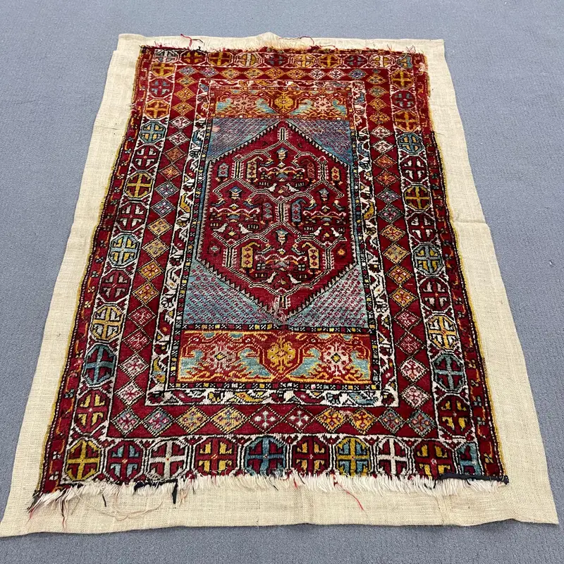 Vintage Accent Rug 3.37x5 ft, Red Blue Abstract Rug Wool - 1