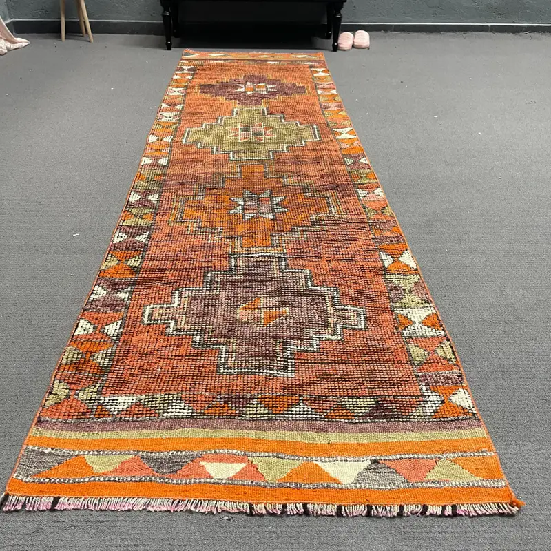 3x10.7 ft Rug, Vintage Herki Rug, Turkish Orange Wool Check Rug - 1