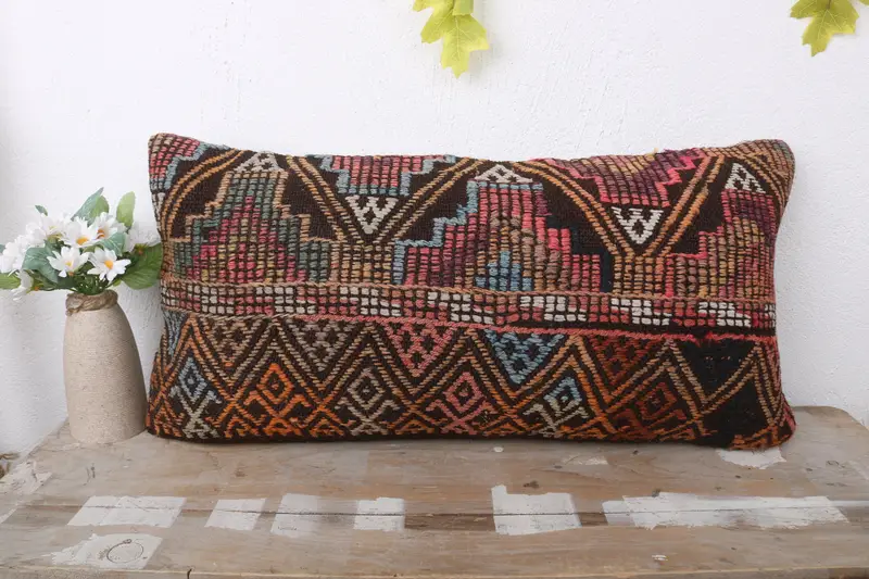 Outdoor Pillow Sham, 12x24 Brown Cushion Cover, Gift Pillow, Ikat Pillow Cover, Vintage Kilim Pillow, Home Decor Pillow, Cushion - 2
