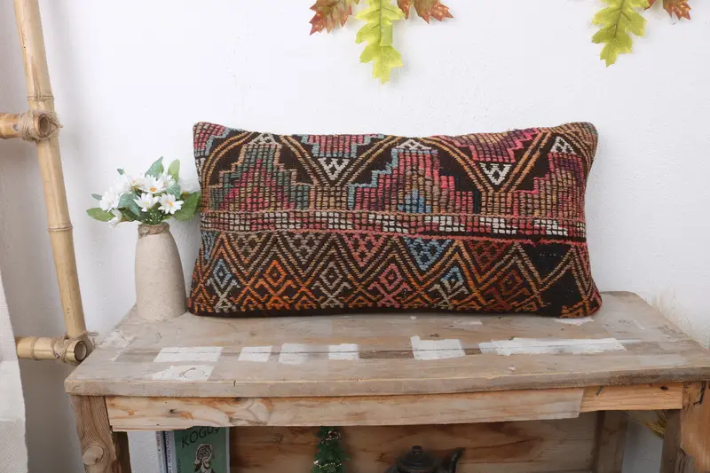Outdoor Pillow Sham, 12x24 Brown Cushion Cover, Gift Pillow, Ikat Pillow Cover, Vintage Kilim Pillow, Home Decor Pillow, Cushion - 1