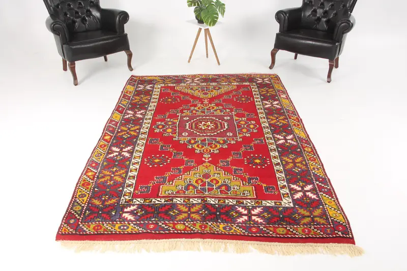 5.2x7.9 ft Vintage Rug, Turkish Large Rug, Red Blue Ombré Wool Rug - 1