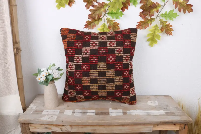 Kilim Pillow Cover, Patio Pillow Cover, Traditional Pillow Sham, Cushion Cover, 16x16 Red Cushion, Pillow for Couch, Antique Pillows, Tribal Cushion - 1