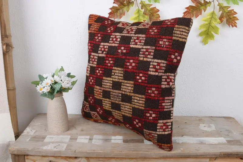 Kilim Pillow Cover, Patio Pillow Cover, Traditional Pillow Sham, Cushion Cover, 16x16 Red Cushion, Pillow for Couch, Antique Pillows, Tribal Cushion - 4