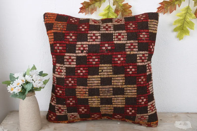 Kilim Pillow Cover, Patio Pillow Cover, Traditional Pillow Sham, Cushion Cover, 16x16 Red Cushion, Pillow for Couch, Antique Pillows, Tribal Cushion - 2