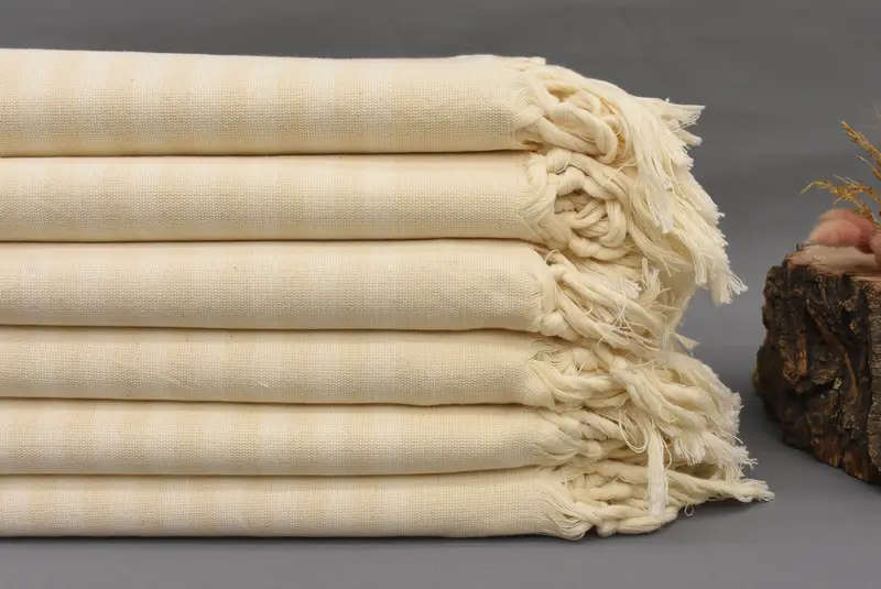 Turkish Towel Organic Cotton Beige and White Striped Bath Towel, 70x40 Inches