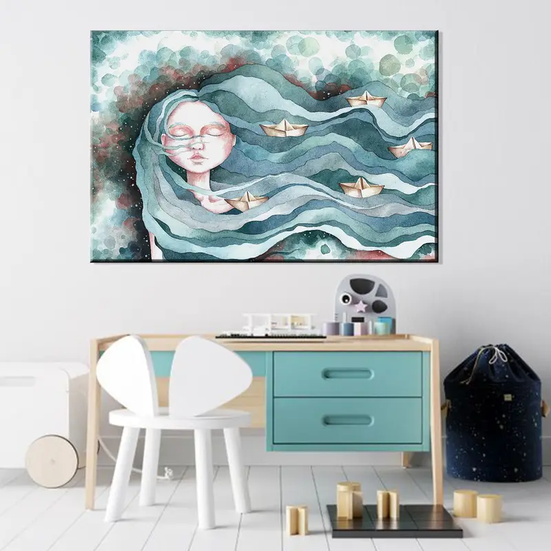水彩画の女の子のキャンバス、水彩画の壁アート、抽象少女キャンバス、抽象的な壁アート、モダンウォールアート、海のプリントの髪、水彩版画 - 5