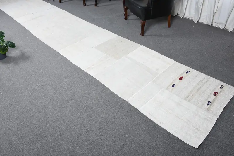 3x17.9 ft Kilim Türk Halısı, Beyaz Fas Vintage Halı Yün - 1
