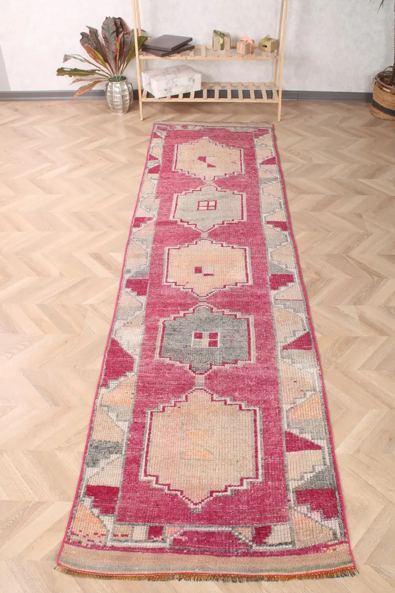 Türk 2.9x10.3 ft Runner Halı, Vintage Halı, Herki Kırmızı Fas Halısı - 1