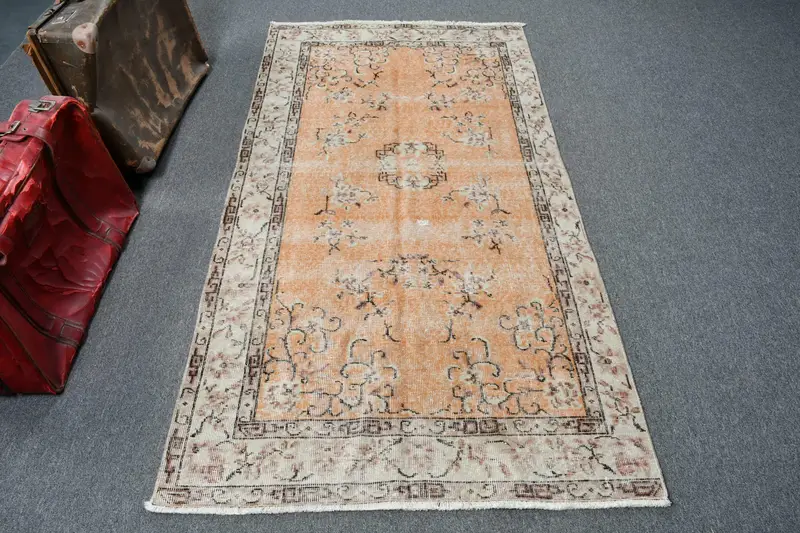 Turkish Rug, Accent 3.5x6.6 ft Vintage Rug, Orange Brown Oriental Wool Rug - 1