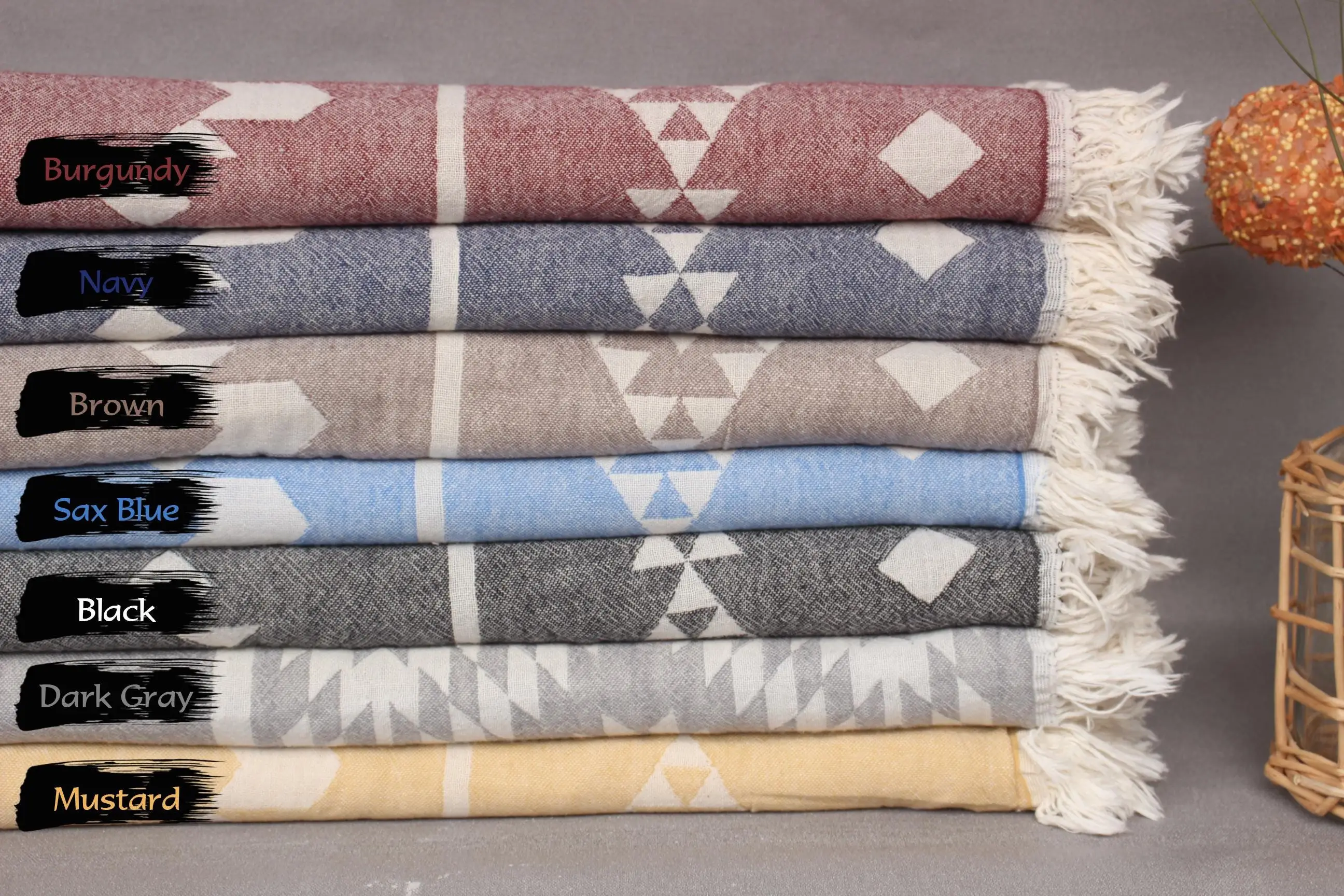 Custom Monogram Geometric Cotton Blanket, 60x71 Inches, Beige - 1