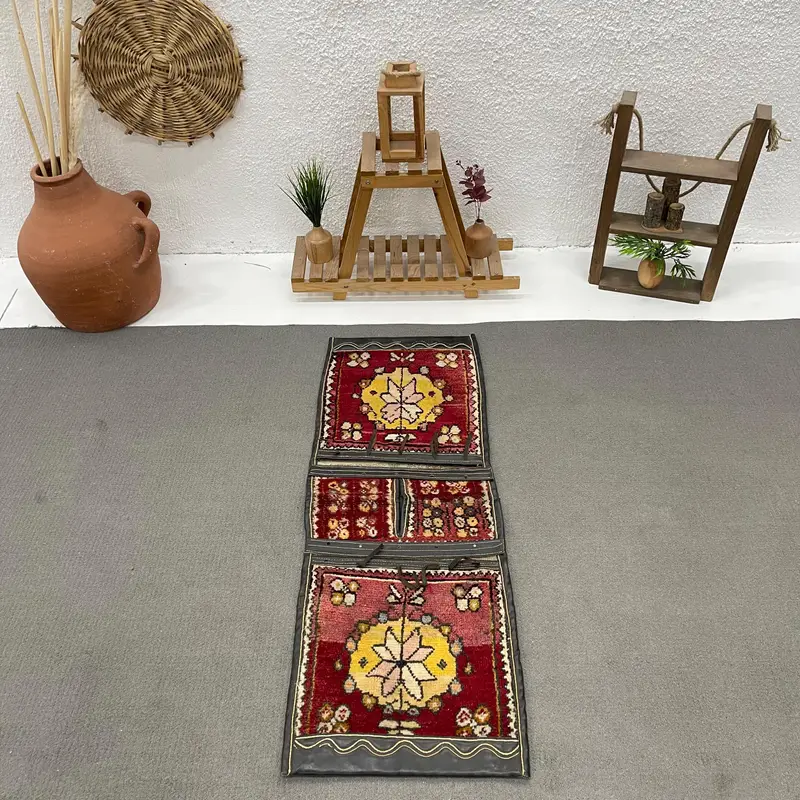 Turkish Oushak Rug 1.7x4.5 ft, Red Yellow Moroccan Wool Vintage Rug - 1