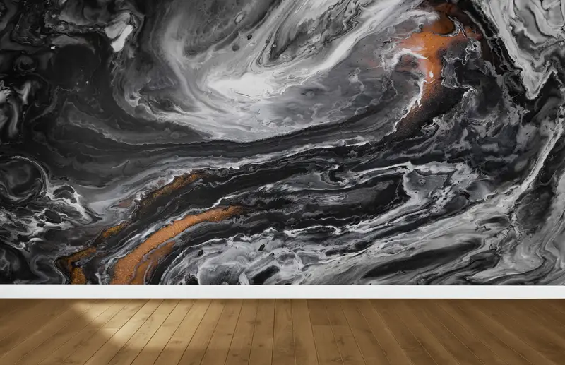 エレガントなプリント壁紙: 黒大理石、銅、モダンな抽象デザイン