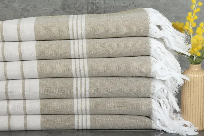 Pesthemal Turkish Bath Towel Khaki Green-Beige Stripes, 32x67 Inches