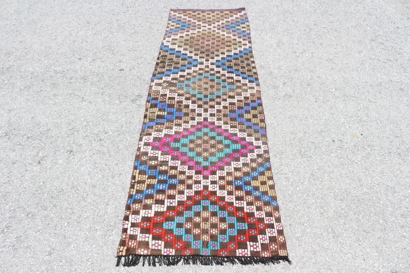 2,3x7,6 ft Läufer Türkischer Vintage Teppich, braun gestreifter Wollteppich - 1