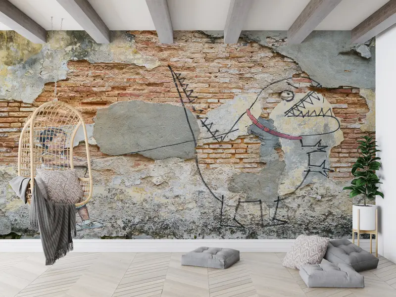 Modern Printed Dino Graffiti Wallpaper: Cute Dinosaur Art for Home