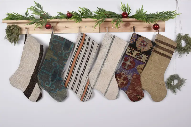 Bej 19 İnç Noel Süsleri Çorabı, Tatil Duvarına Asılan Çorap