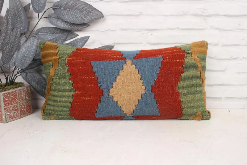 Pillow Cover, Pillow for Sofa, Handmade Kilim Cushion, Vintage Kilim Pillow, Bolster Pillow Cover, 12x24 Green Pillow Cover - 1