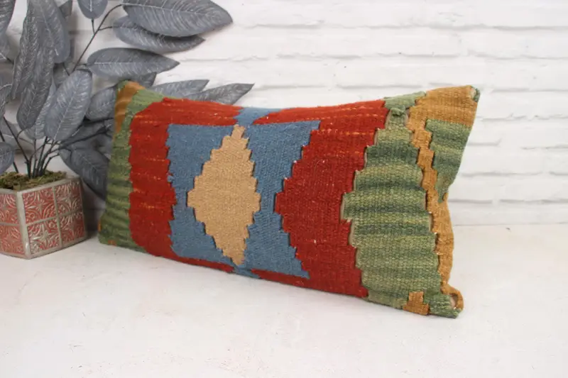 Pillow Cover, Pillow for Sofa, Handmade Kilim Cushion, Vintage Kilim Pillow, Bolster Pillow Cover, 12x24 Green Pillow Cover - 4