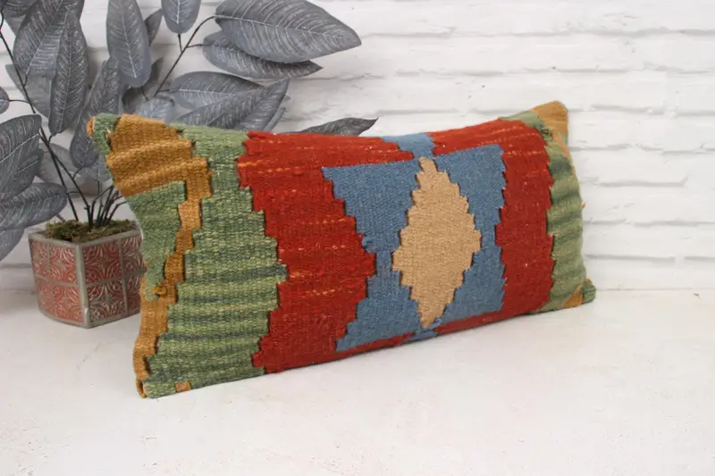 Pillow Cover, Pillow for Sofa, Handmade Kilim Cushion, Vintage Kilim Pillow, Bolster Pillow Cover, 12x24 Green Pillow Cover - 3