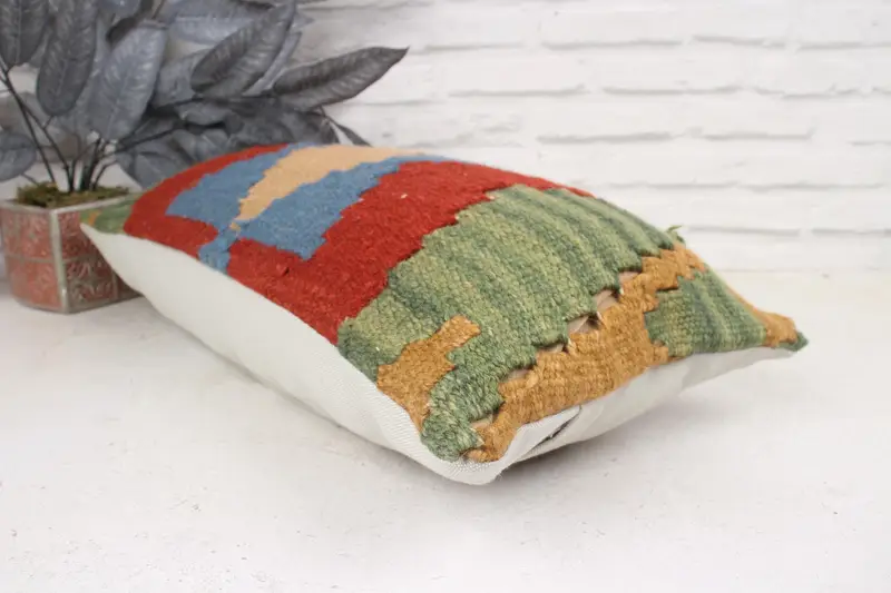 Pillow Cover, Pillow for Sofa, Handmade Kilim Cushion, Vintage Kilim Pillow, Bolster Pillow Cover, 12x24 Green Pillow Cover - 6