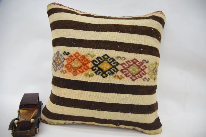 Vintage Kilim Throw Pillow, Antique Pillows, Pillow Case, Knitted Pillow Case, Pillow for Couch, Handmade Pillow Case, 18x18 Brown Pillow - 1