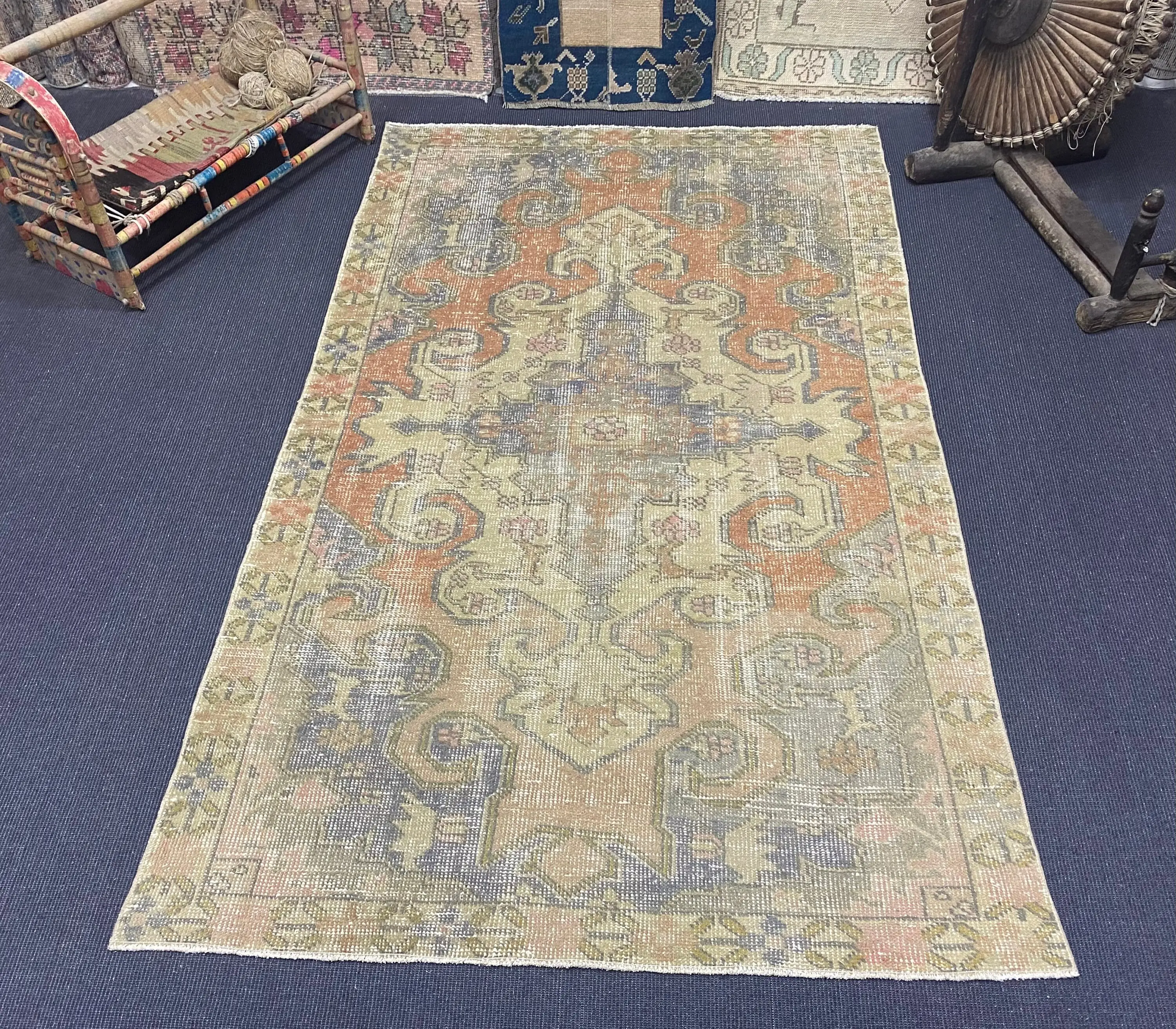 Turkish Area Rug, 4.1x7.3 ft Vintage Rug, Blue Floral Wool Rug - 1