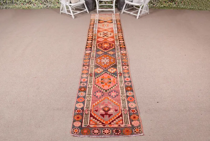 Türk Vintage Yolluk Halısı 2.5x12 ft, Herki Kırmızı Yün Halı - 1
