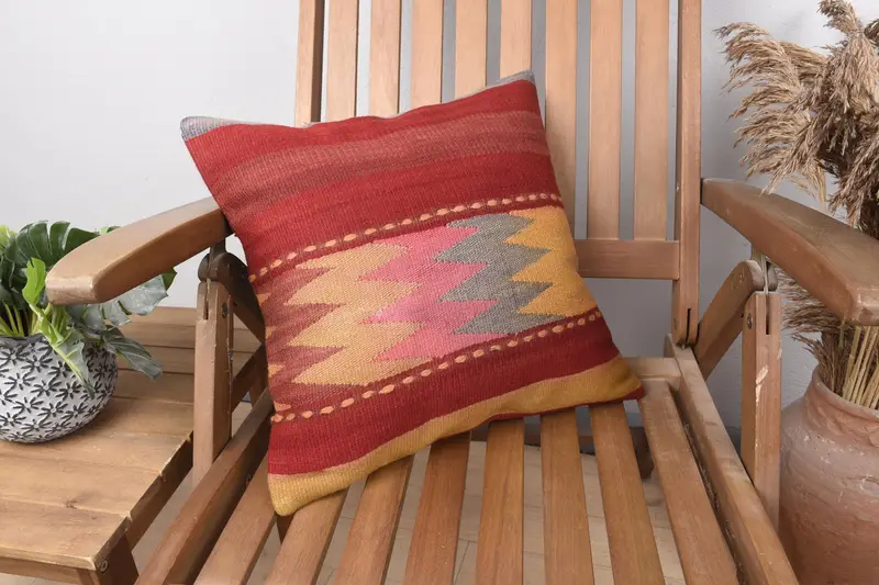 Sustainable Pillow Sham, Boho Pillow, Authentic Pillow Case, Pillow Cover, Pillow for Couch, 16x16 Red Cushion Case, Home Decor Pillow - 2
