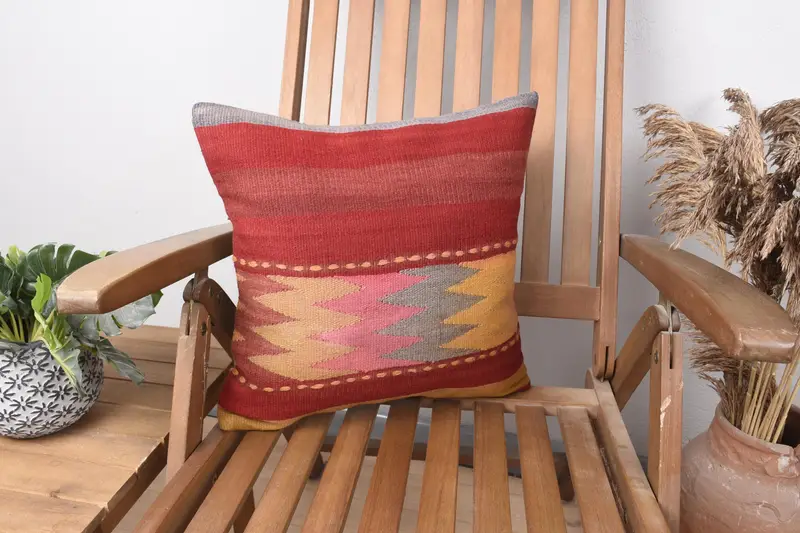 Sustainable Pillow Sham, Boho Pillow, Authentic Pillow Case, Pillow Cover, Pillow for Couch, 16x16 Red Cushion Case, Home Decor Pillow - 1