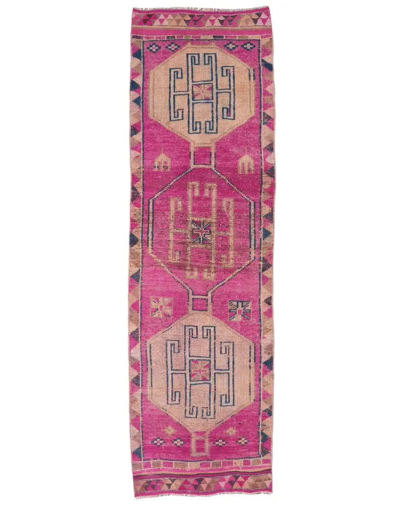 エレガントなピンクとベージュのラグ、3x10.5フィートのストライプデザイン